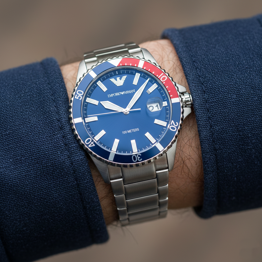 Man wearing Emporio Armani AR11339 Pepsi bezel watch on a yacht deck