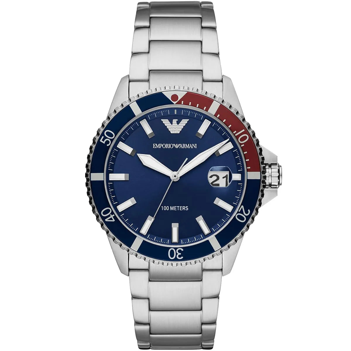 Emporio Armani AR11339 Diver Men's Watch Blue Dial Pepsi Bezel Silver Bracelet