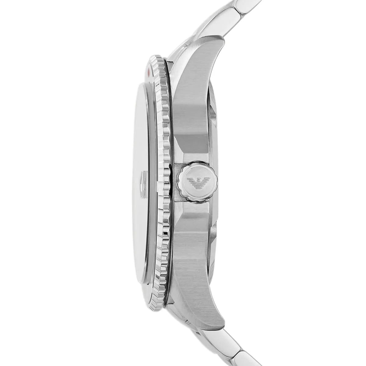 Side view of Emporio Armani AR11339 showing silver crown and rotating bezel grip