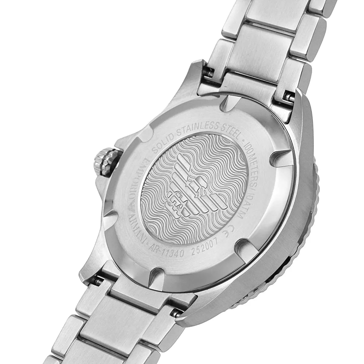 Back case of Emporio Armani AR11340 showing 100 meters water resistance