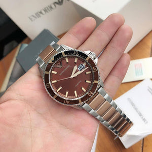 Emporio Armani AR11340 Diver on wrist showing the chocolate brown sunray dial