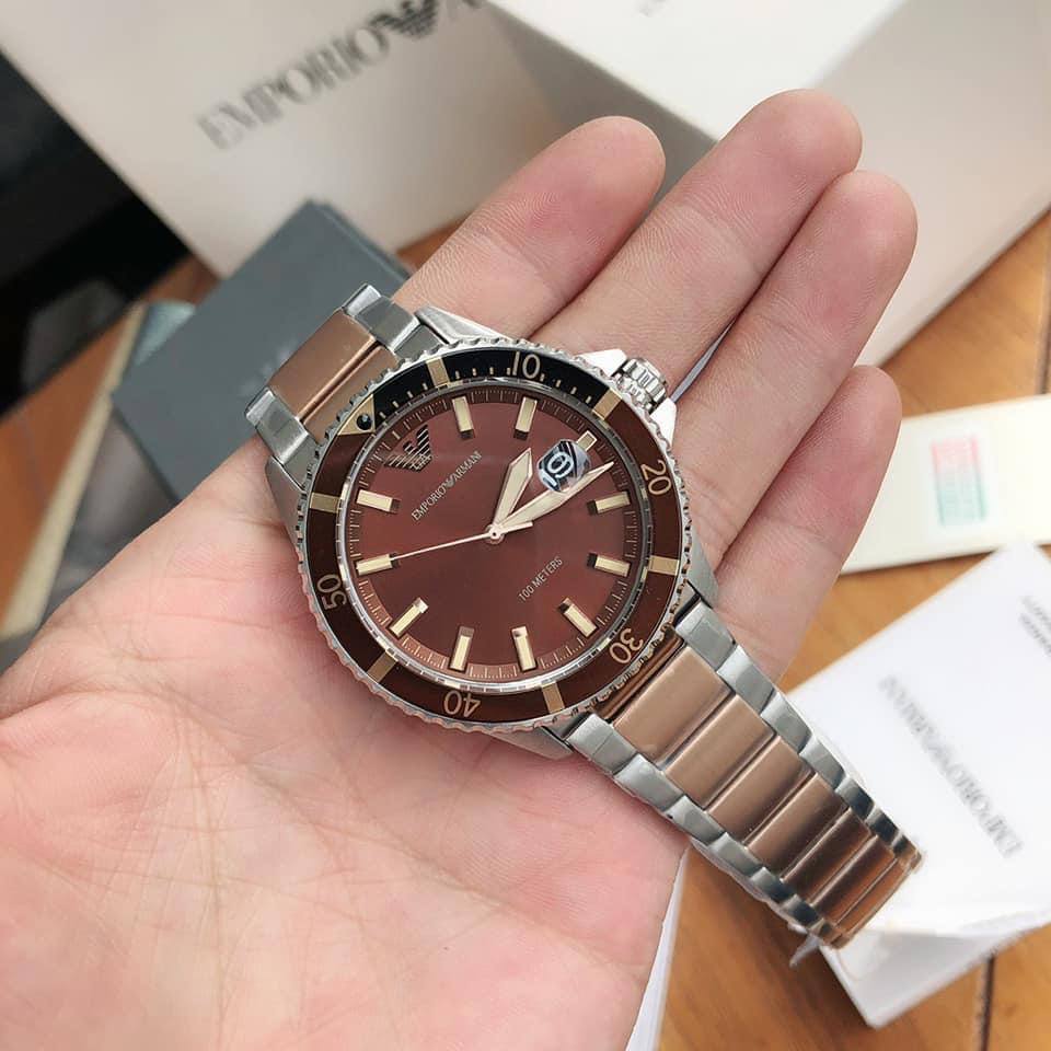 Emporio Armani AR11340 Diver on wrist showing the chocolate brown sunray dial