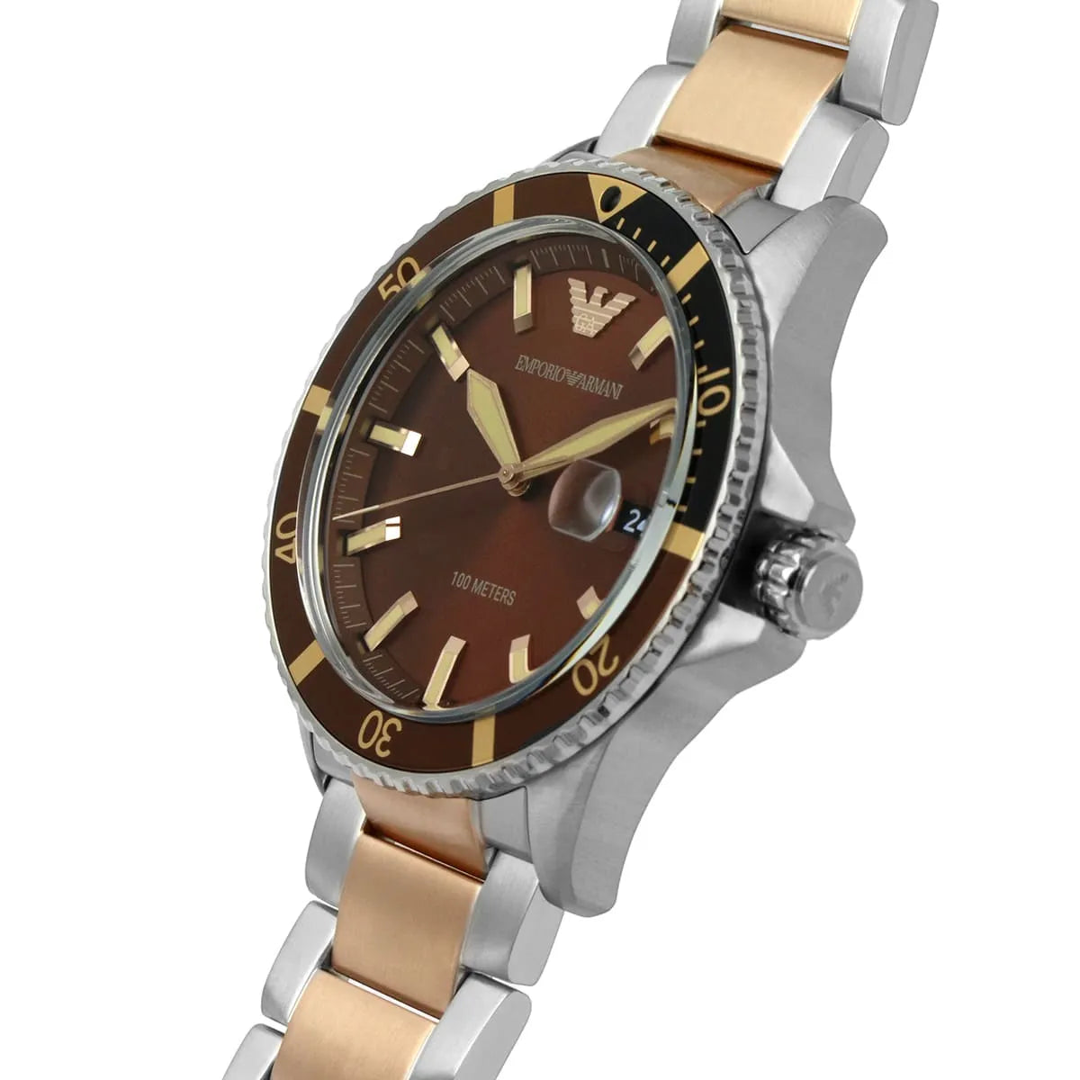 Side view of Emporio Armani AR11340 showing silver crown and rotating bezel