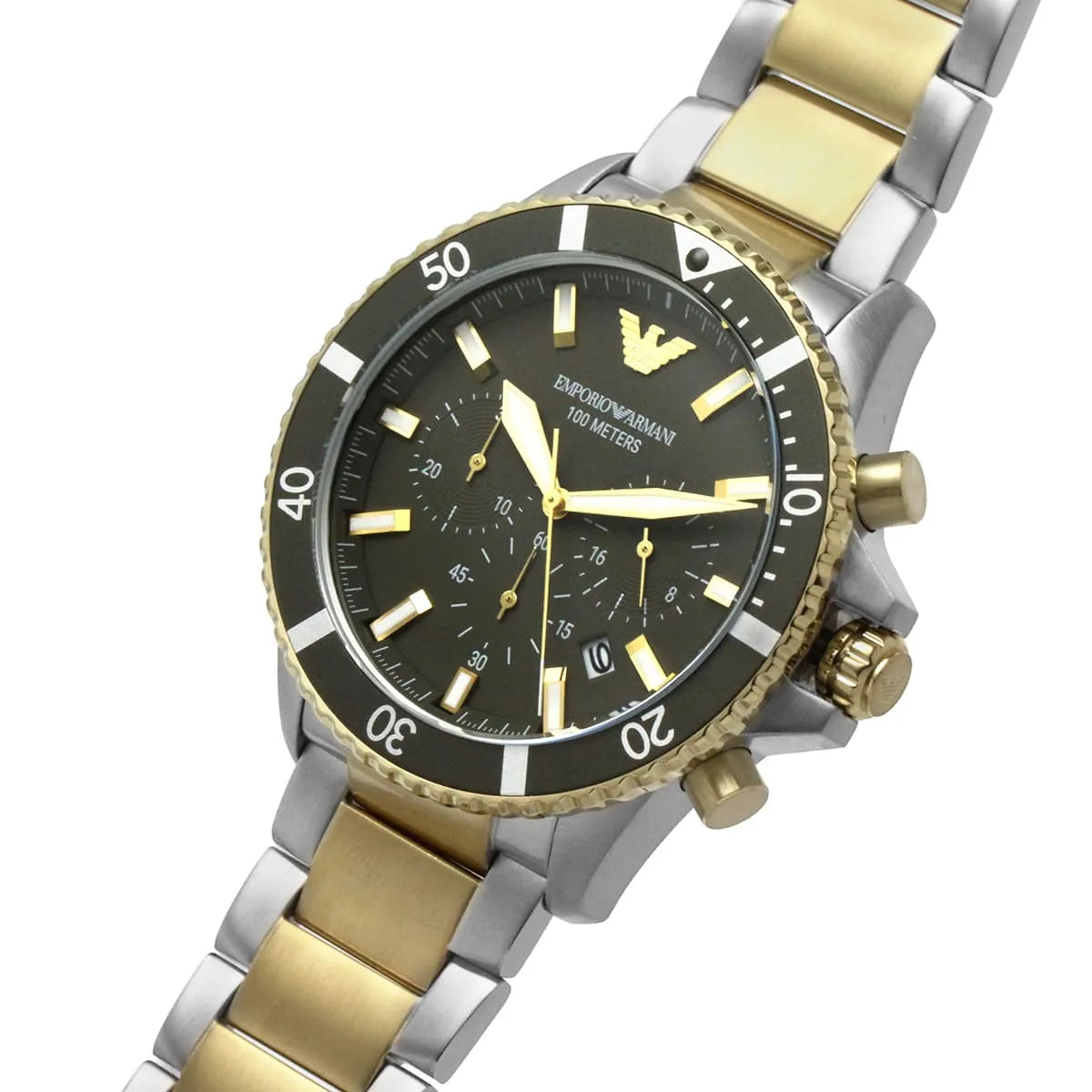 Close-up shot of Emporio Armani AR11361 dial showing 100 meters water resistance text