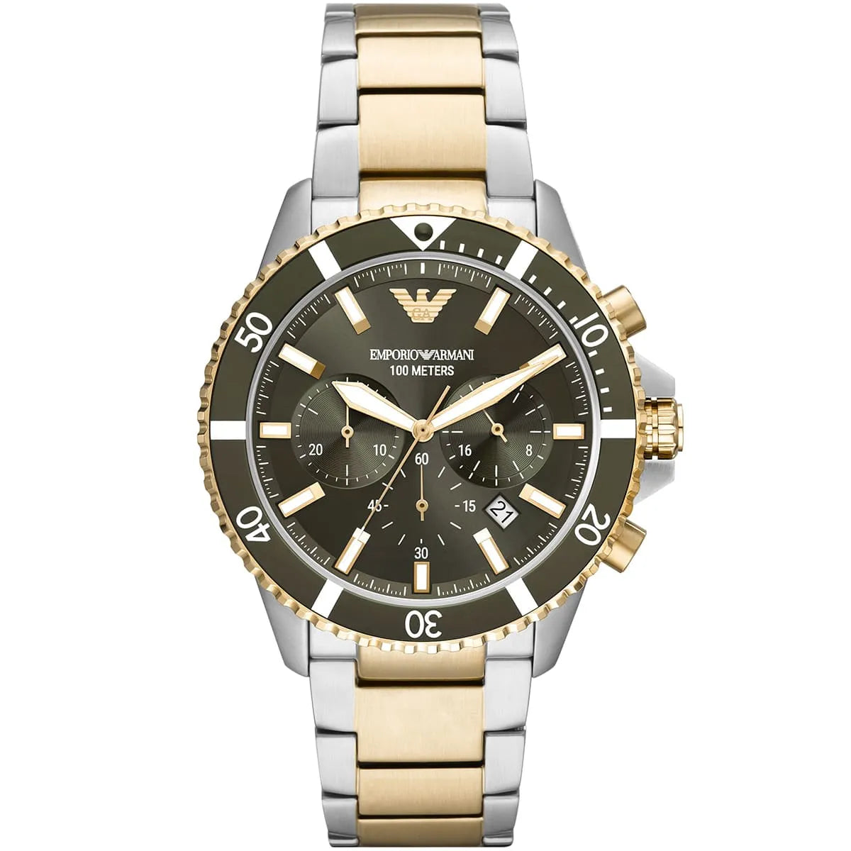 Emporio Armani AR11361 Diver Men's Watch Green Dial Two-Tone Gold Silver 100m
