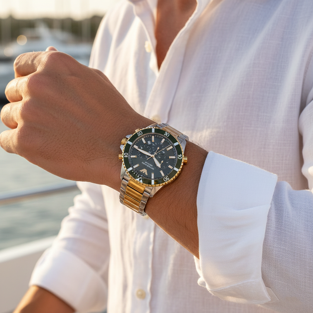 Wealthy man wearing Emporio Armani AR11361 two-tone diver watch on a yacht