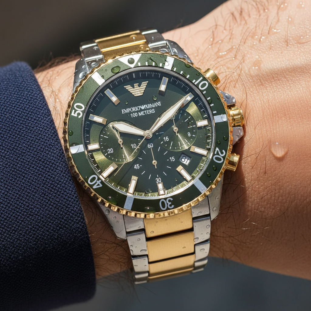 Extreme wrist macro of Armani AR11361 showing rotating bezel and green dial texture