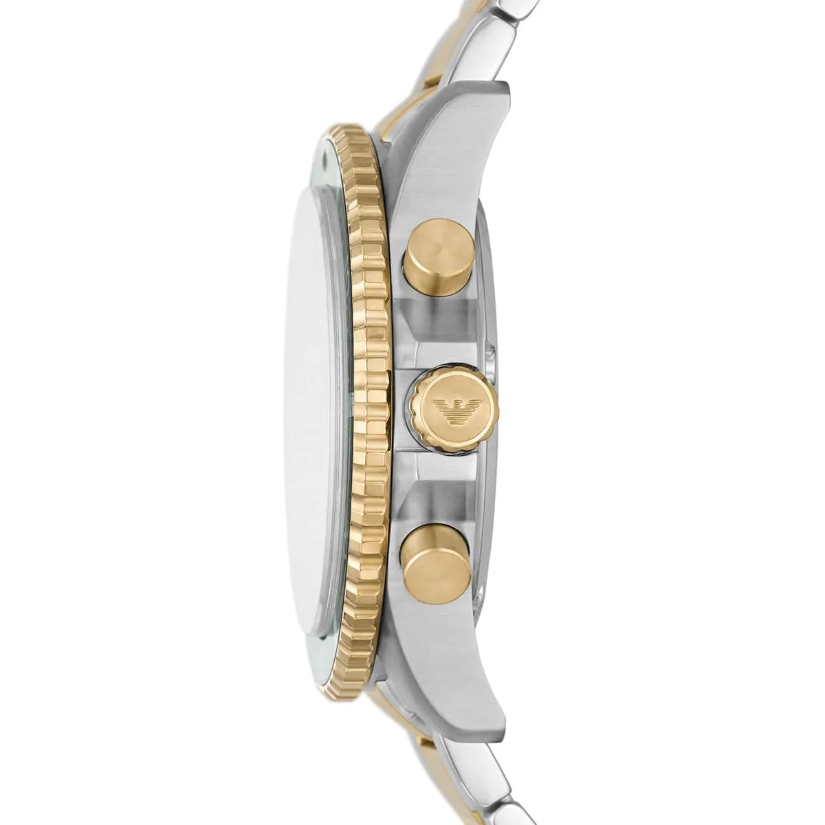 Side view of Emporio Armani AR11361 showing gold crown and thick diver case