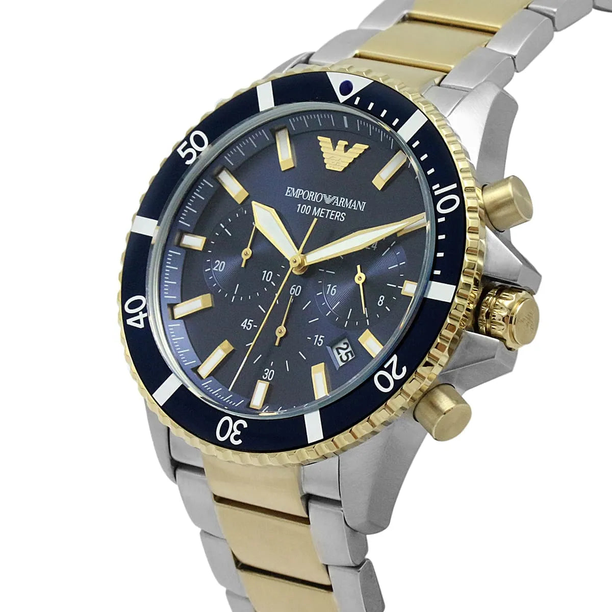 Angled front view of Emporio Armani AR11362 showing the rotating blue diver bezel