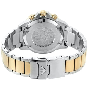 Back case of Emporio Armani AR11362 showing 100 meters water resistance and eagle logo