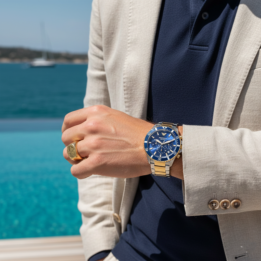 Successful man wearing Emporio Armani AR11362 with navy polo and gold signet ring