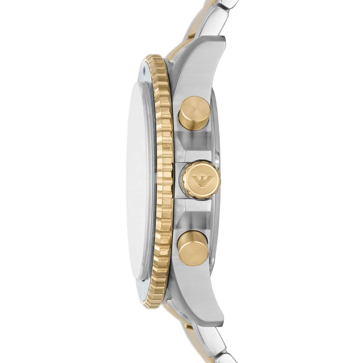 Side view of Emporio Armani AR11362 showing gold-tone crown and chronograph pushers