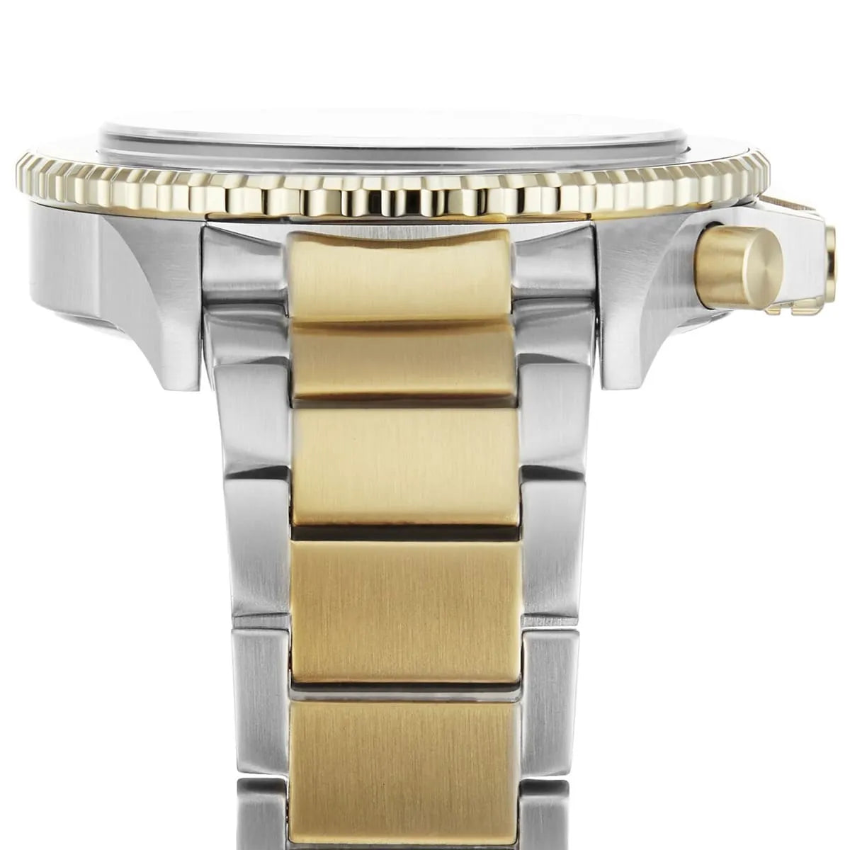 Detailed view of silver and gold-tone stainless steel link bracelet for Armani AR11362