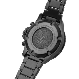 Back case of Emporio Armani AR11363 showing 100 meters water resistance