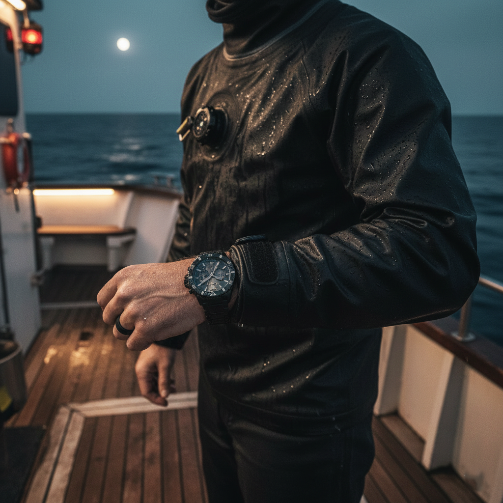 Adventurous man wearing Emporio Armani AR11363 black diver watch near water