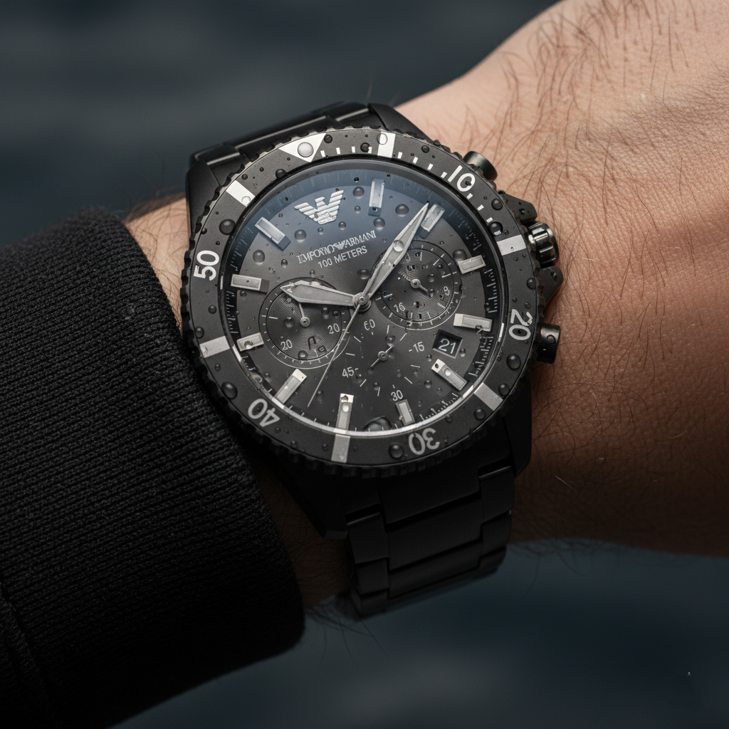 Extreme wrist macro of Armani AR11363 black dial and rotating diver bezel