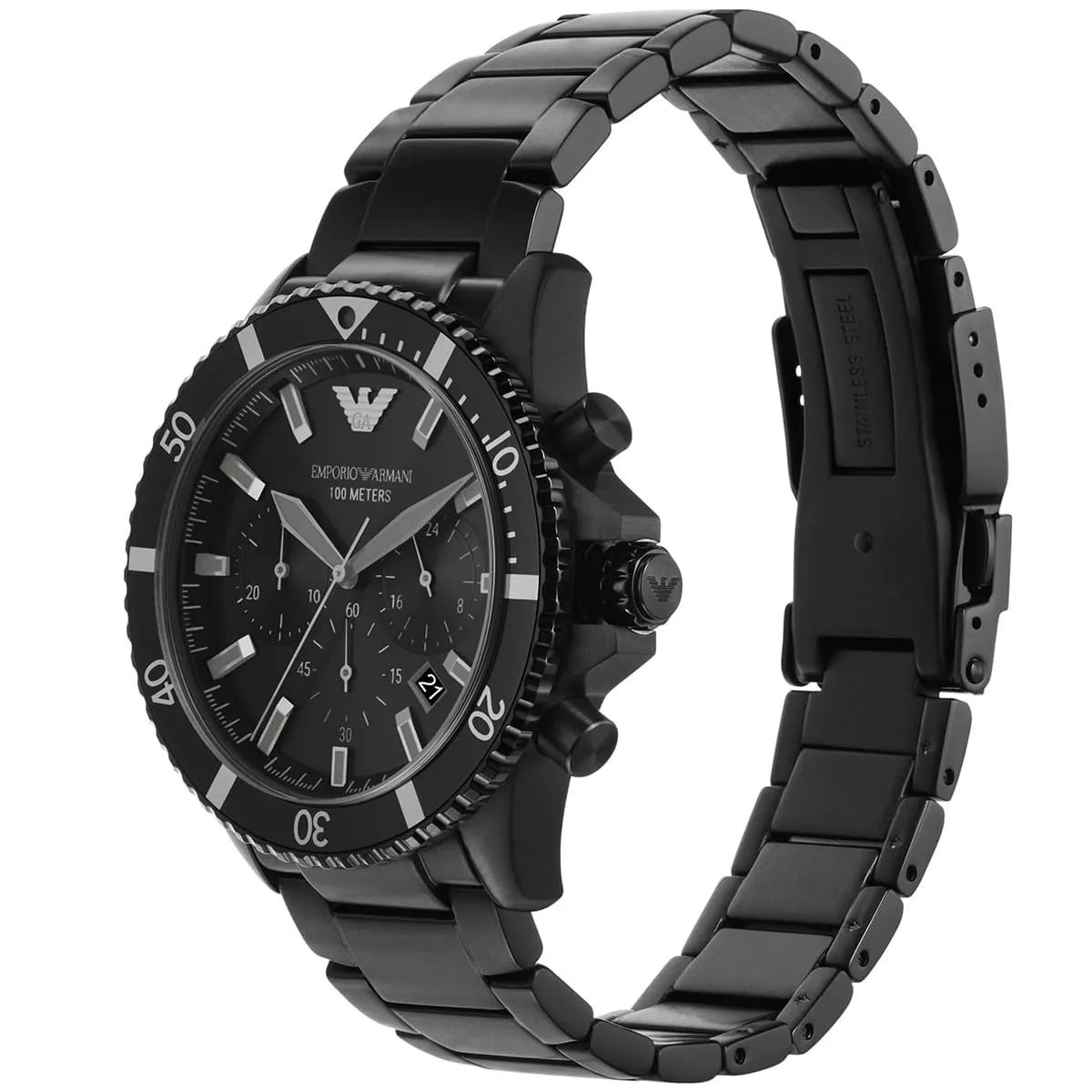 Side view of Emporio Armani AR11363 showing black crown guards and pushers