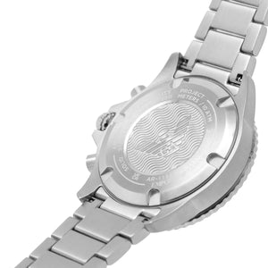 Back case of Emporio Armani AR11500 showing 100 meters water resistance and eagle logo