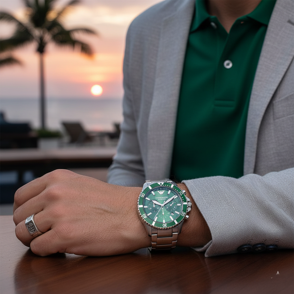 Successful man wearing Emporio Armani AR11500 with forest green polo and silver ring