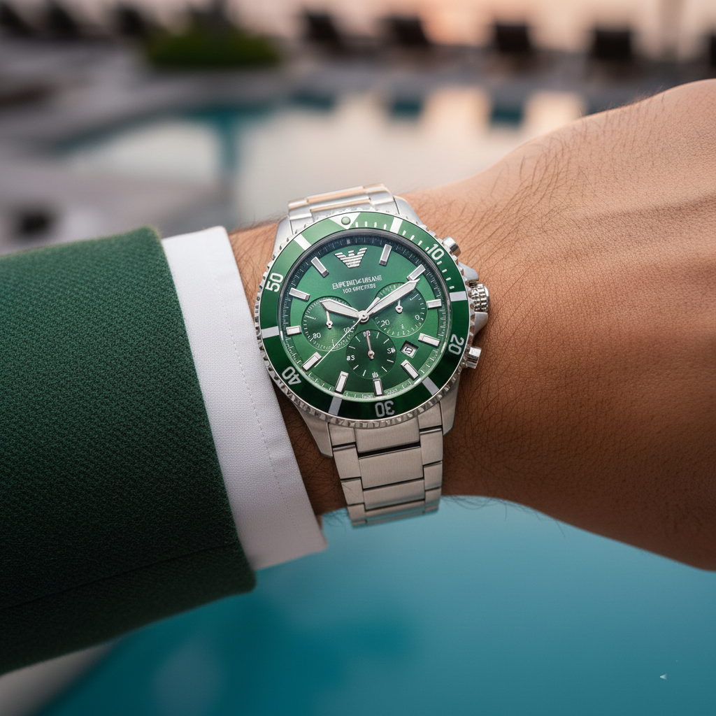 Extreme wrist macro of Armani AR11500 green dial and bezel details with suit cuff