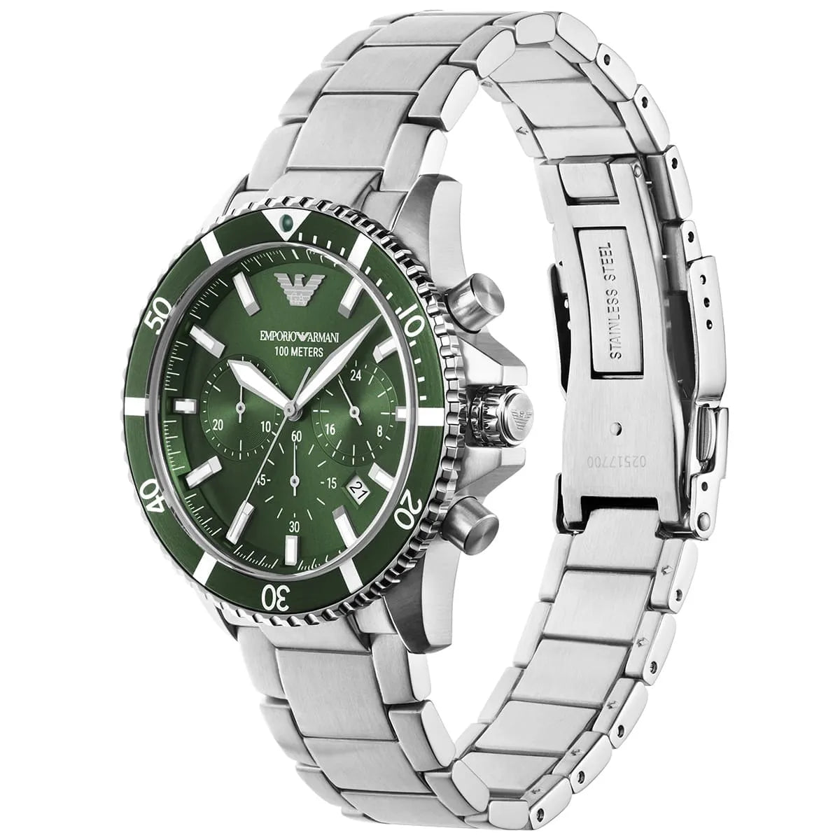 Extreme wrist macro of Armani AR11500 green dial and bezel details with suit cuff
