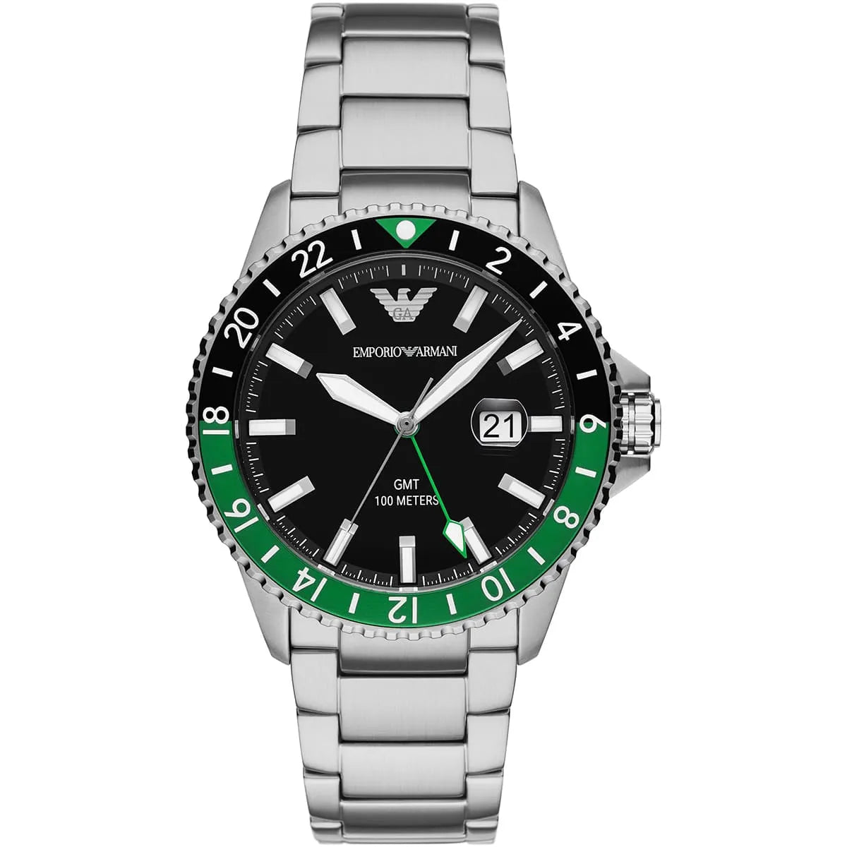 Emporio Armani Diver AR11589 men's GMT watch with black dial and green-black rotating bezel