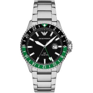 Emporio Armani Diver AR11589 men's GMT watch with black dial and green-black rotating bezel
