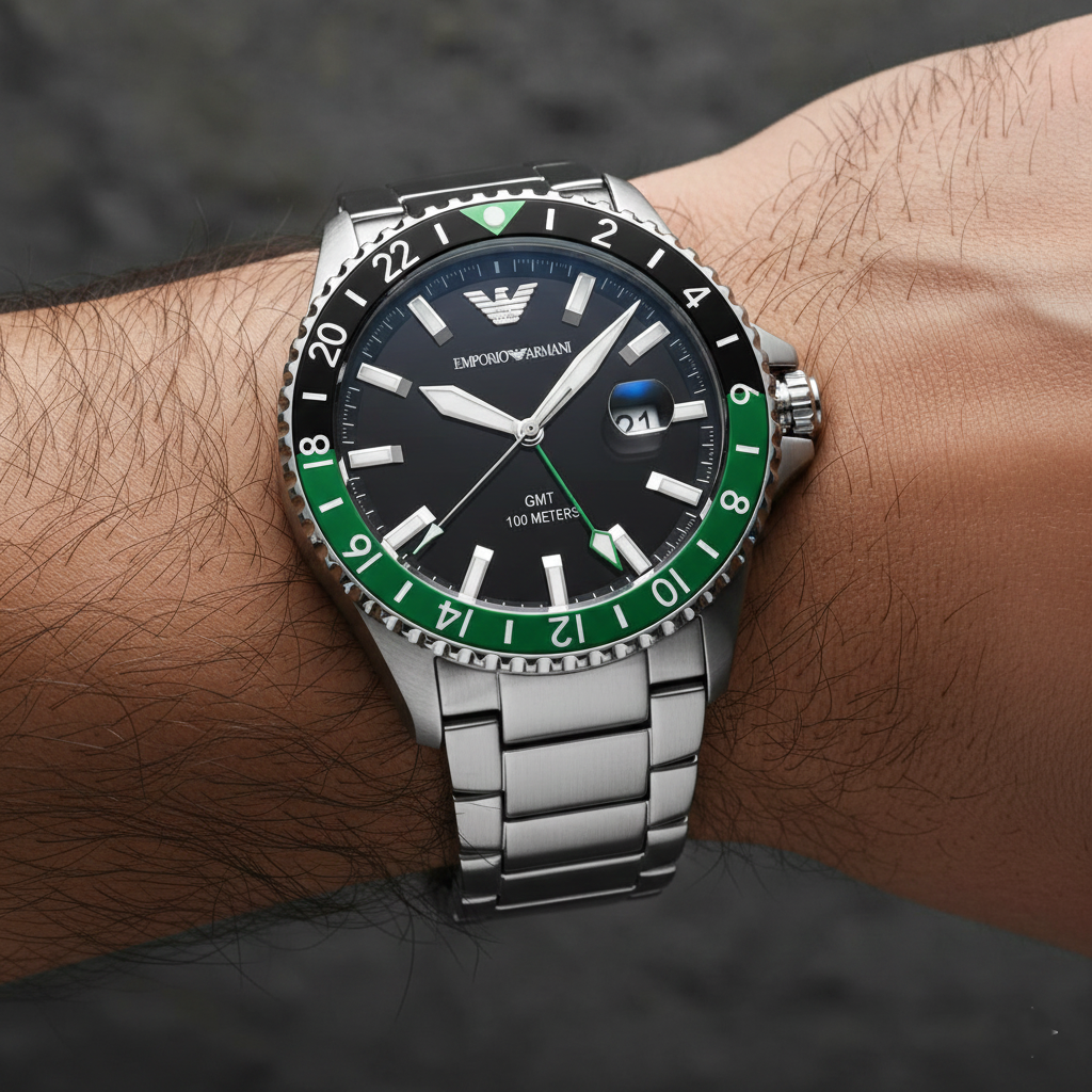 Close up of the AR11589 dial showing the green GMT hand and the green-black bidirectional bezel