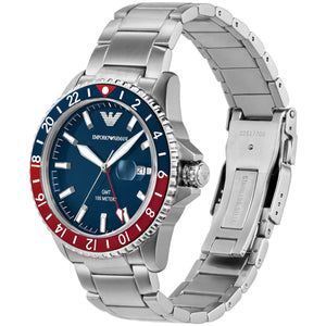 Angled shot of the Emporio Armani AR11590 showing the robust sporty GMT design