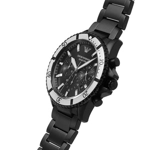 Angled front view of Emporio Armani AR80050 showing silver bezel edge and crystal