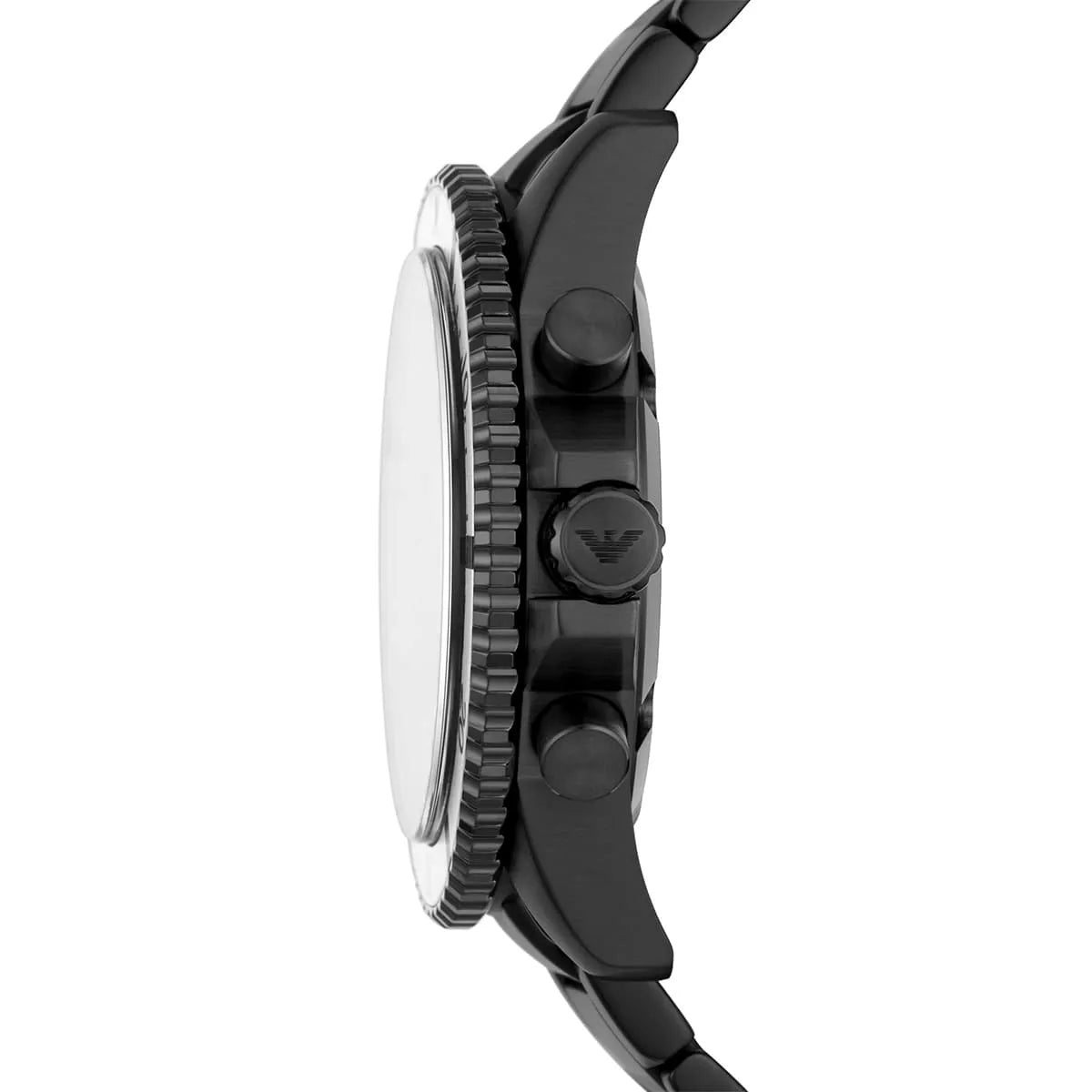 Side view of Emporio Armani AR80050 showing black thick case and diver crown