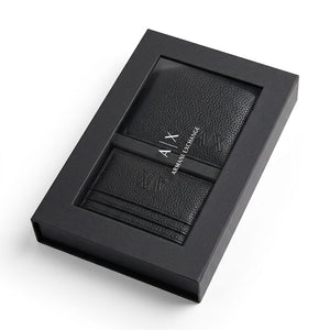 Live angled view of the closed Armani Exchange premium presentation gift box featuring the silver brand logo text centered on the black cover