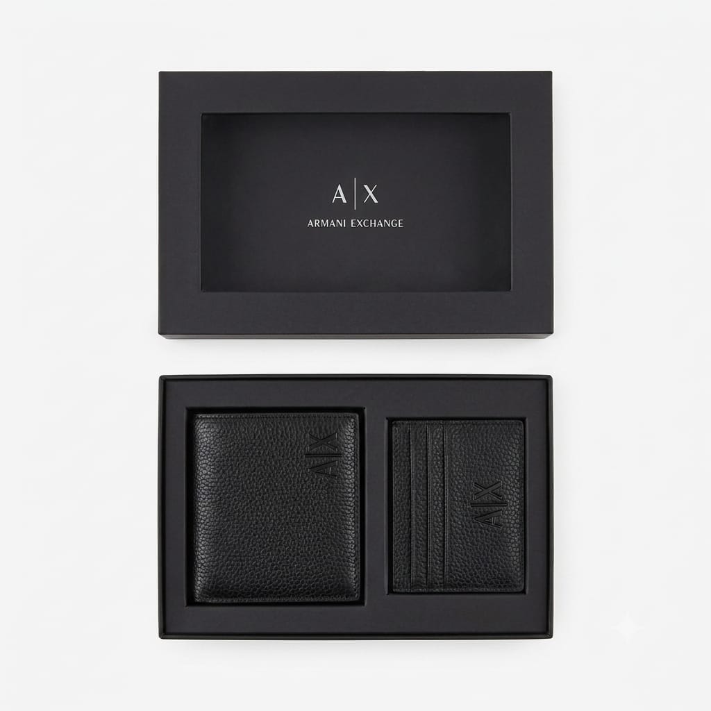 Live top-down view of the closed Armani Exchange premium presentation gift box featuring the silver brand logo text centered on the black cover