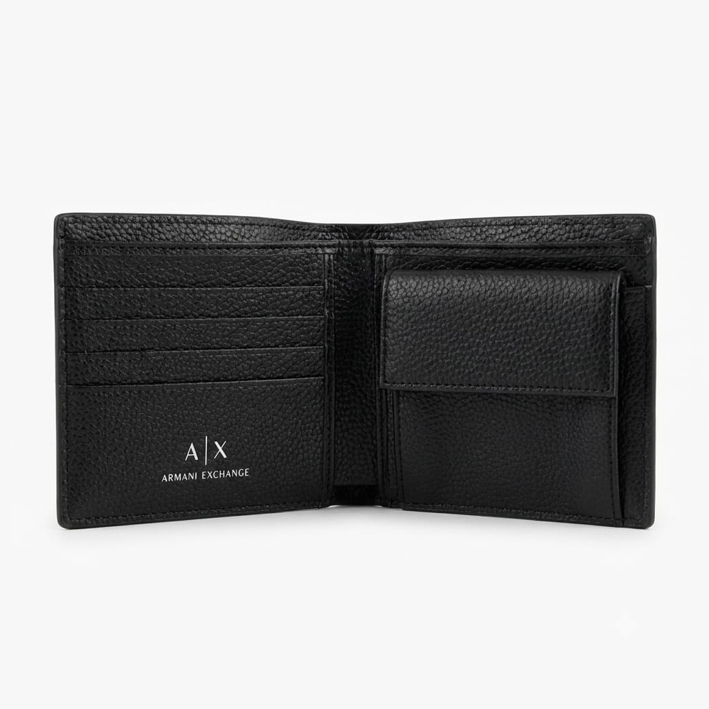 Live interior view of the opened Armani Exchange AX smooth black leather bifold wallet showcasing symmetrical multi-card slots and premium stitched edges
