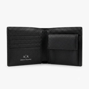 Live interior view of the opened Armani Exchange AX smooth black leather bifold wallet showcasing symmetrical multi-card slots and premium stitched edges
