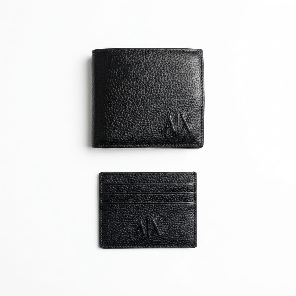 Live interior view of the opened Armani Exchange AX smooth black leather bifold wallet showcasing symmetrical multi-card slots and premium stitched edges
