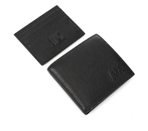 Black leather wallet and cardholder set on a white background