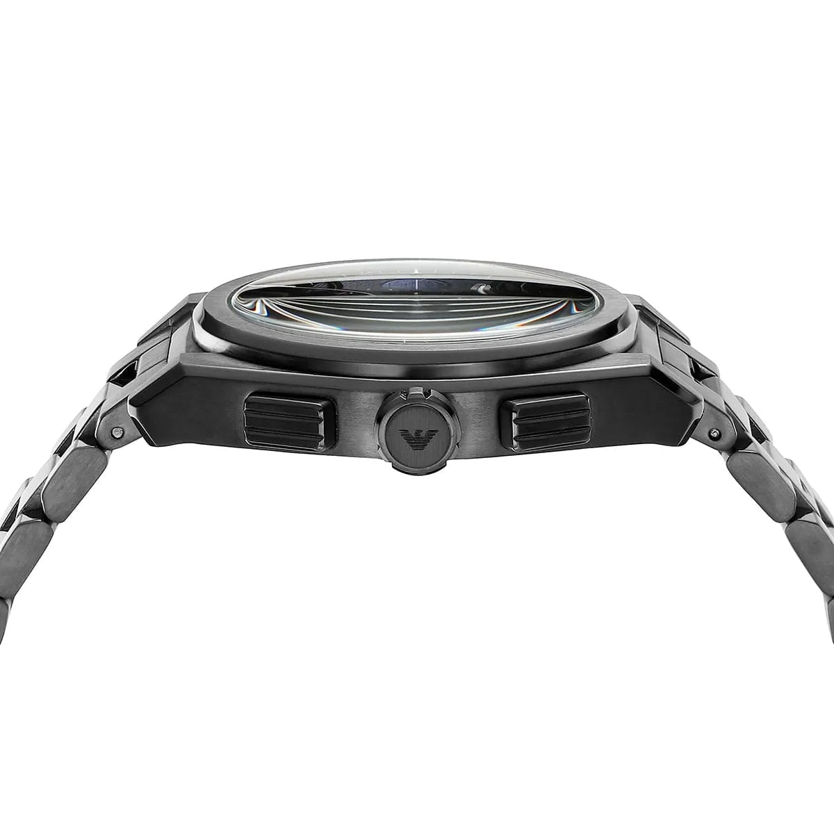 Side view of the architectural gunmetal case and integrated chronograph pushers of the AR11561