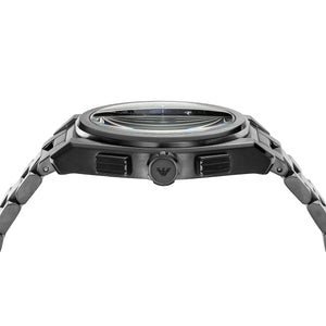 Side view of the architectural gunmetal case and integrated chronograph pushers of the AR11561
