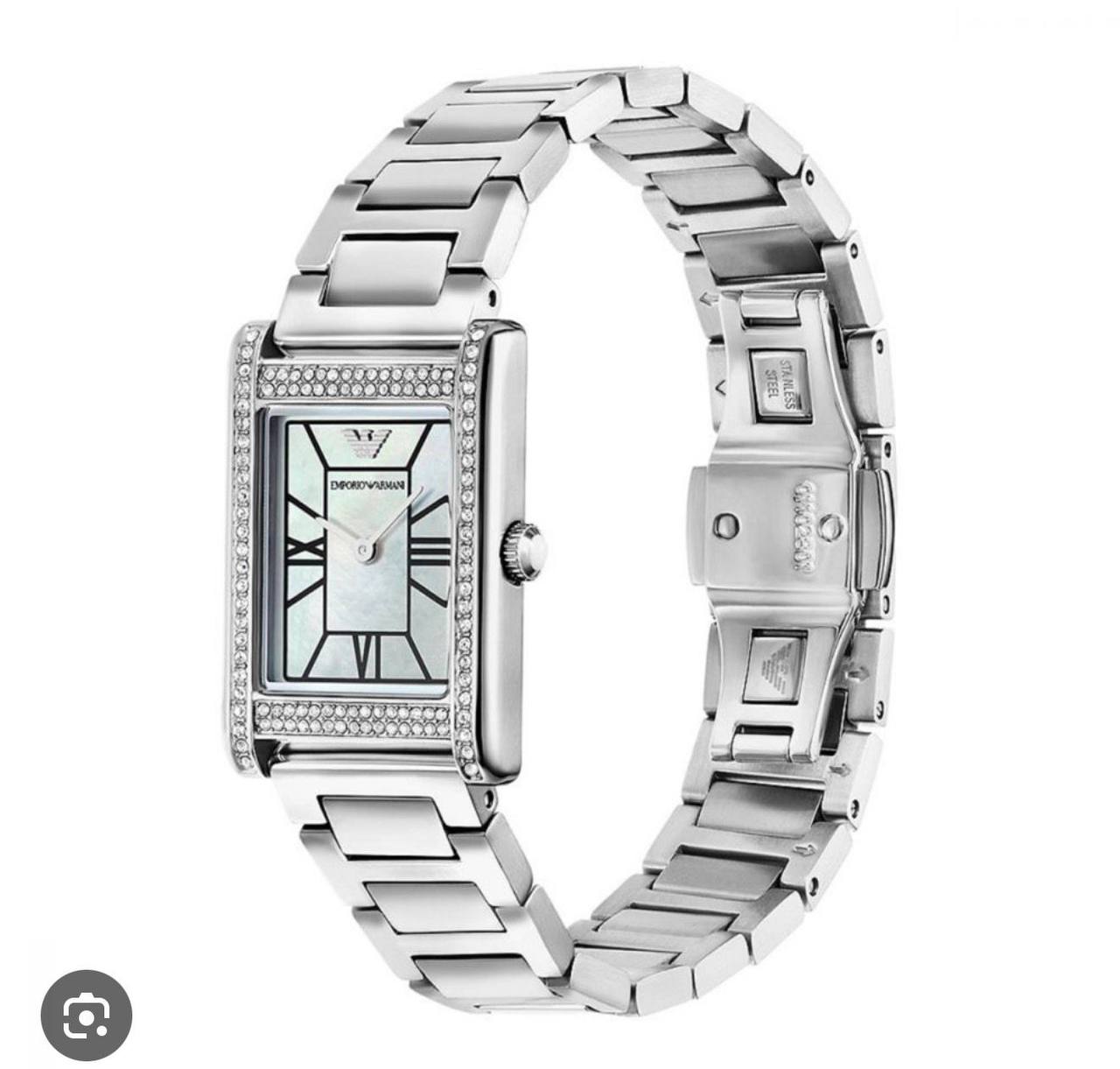 Angled front view of Emporio Armani AR11625 showing crystal-set bezel and pearl dial