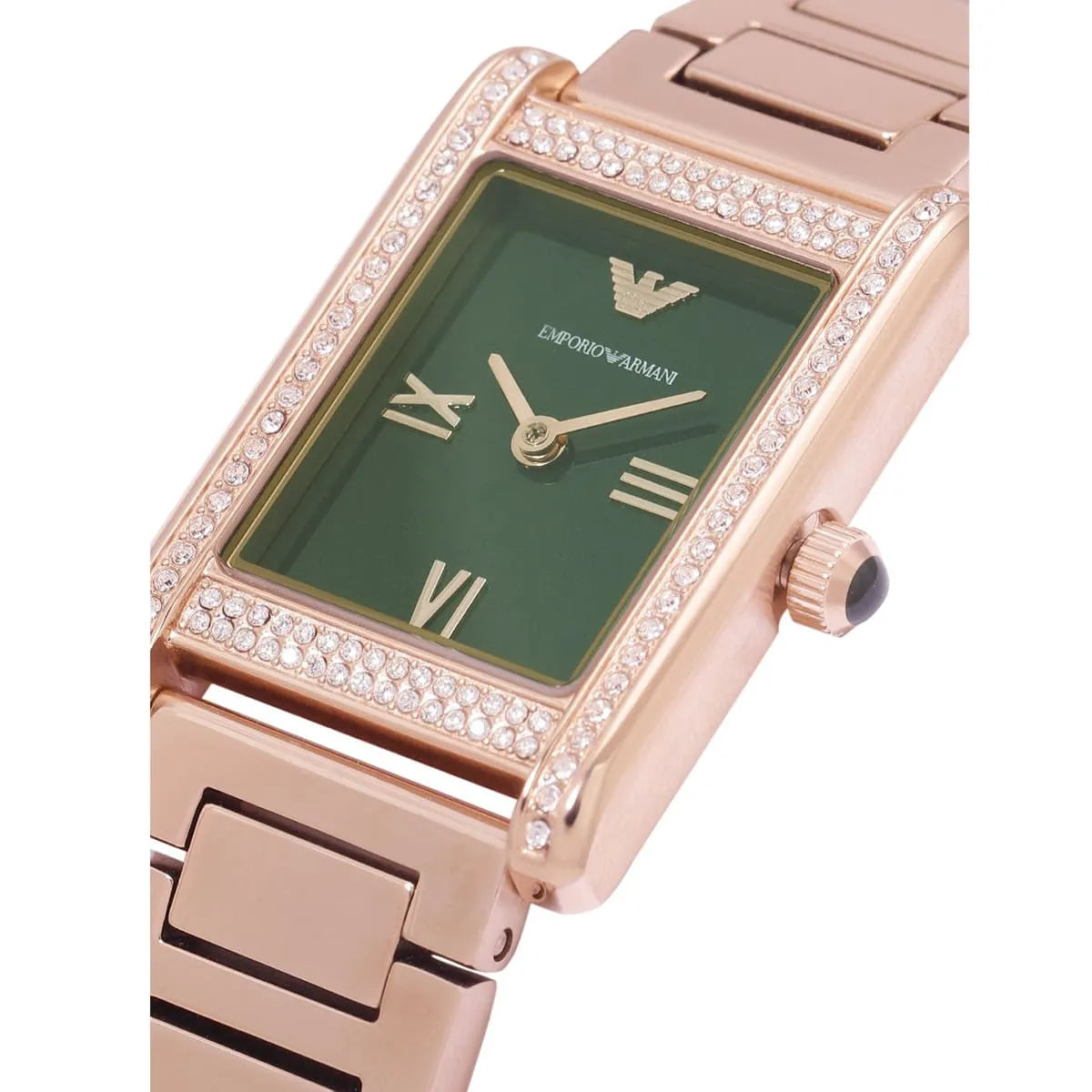 Close-up shot of Emporio Armani AR11641 emerald green dial with Roman numerals
