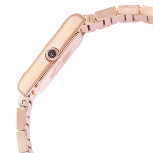 Side view of Emporio Armani AR11641 showing slim rose gold rectangular case and green stone crown