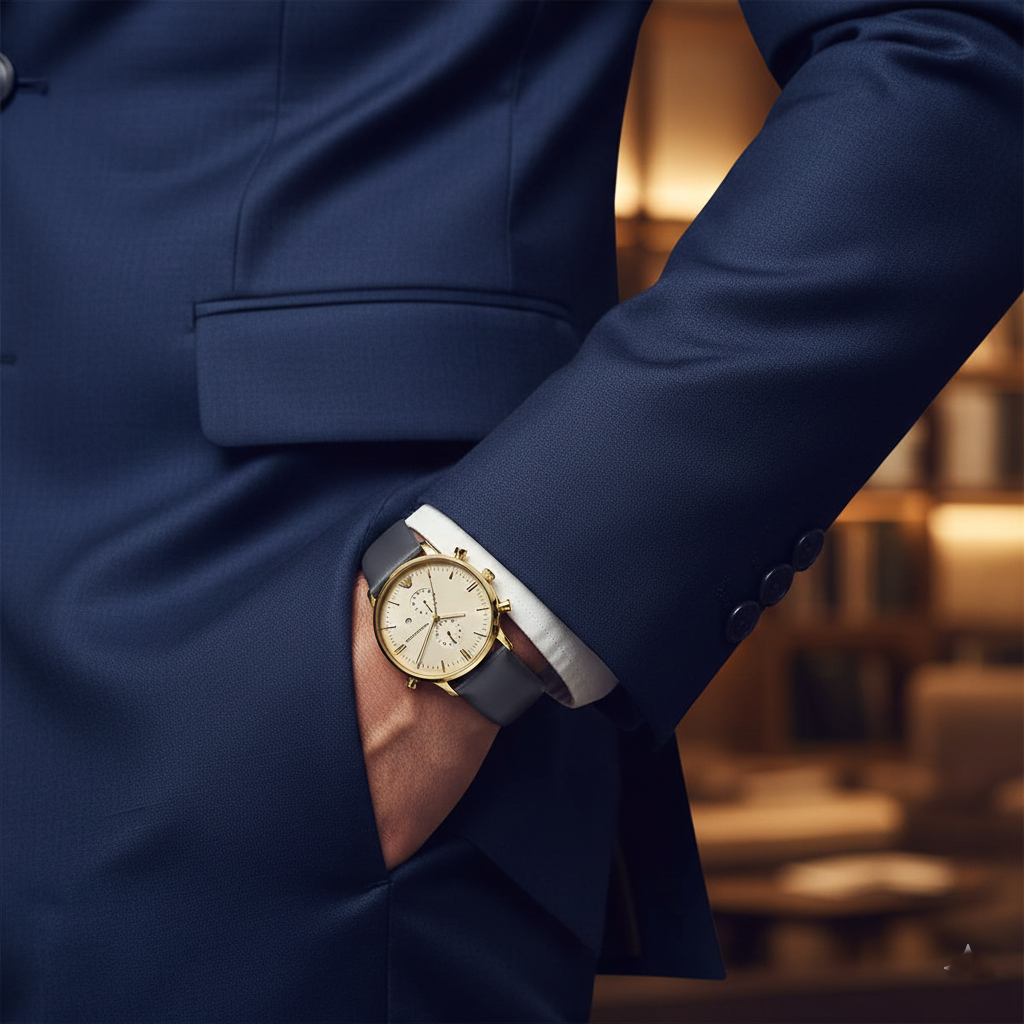 Gentleman wearing Emporio Armani AR0386 gold watch with beige dial and navy suit