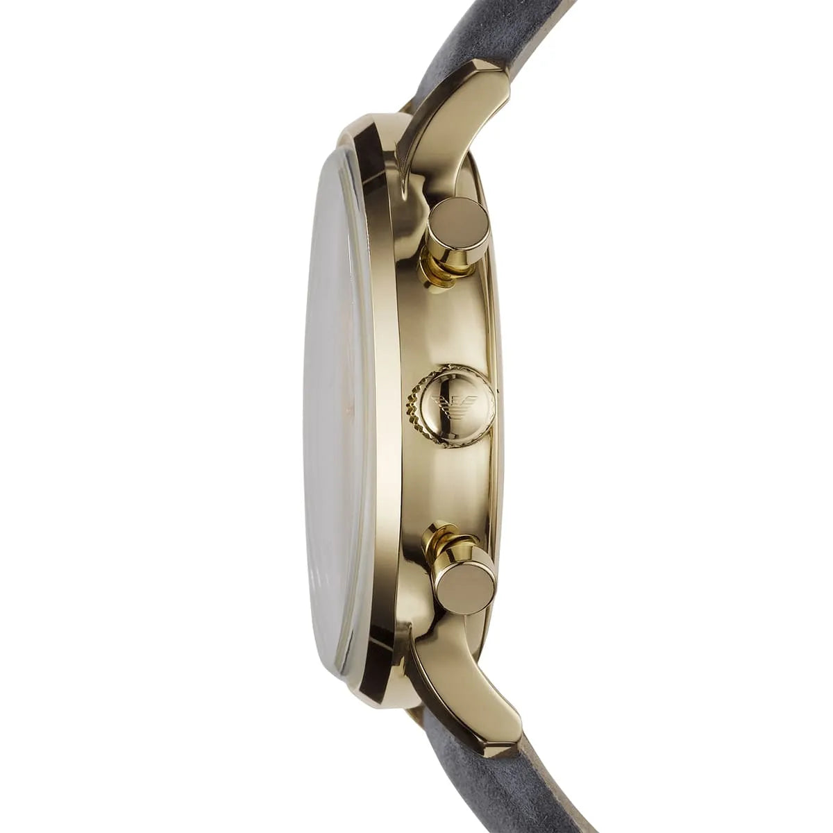 Side view of Emporio Armani AR0386 showing gold-tone crown and chronograph pushers