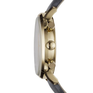 Side view of Emporio Armani AR0386 showing gold-tone crown and chronograph pushers