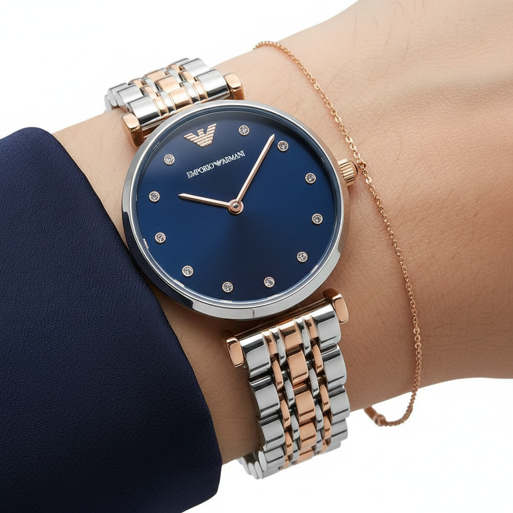 Close up of Armani AR11092 showing the blue sunray dial and sparkling crystal hour markers