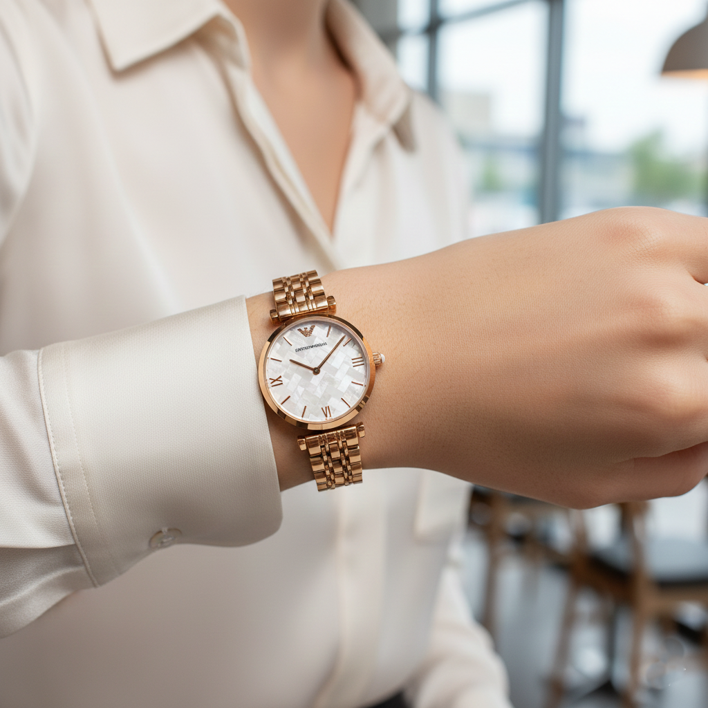 Stylish woman wearing Emporio Armani AR11110 rose gold watch with mosaic dial