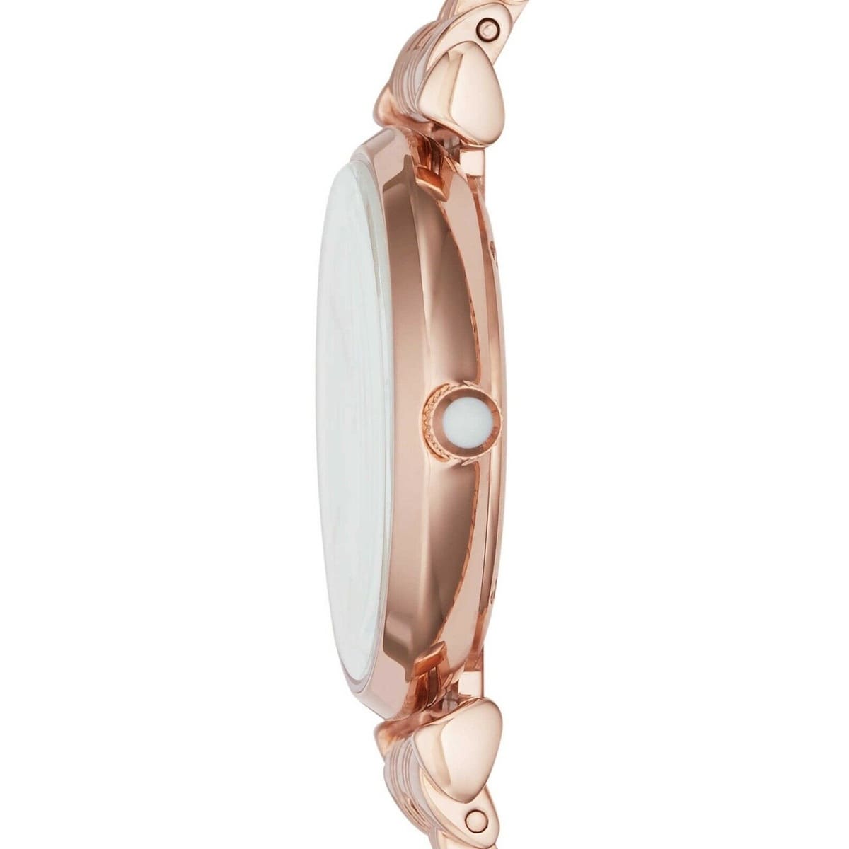 Side view of Emporio Armani AR11110 showing polished rose gold case and T-bar