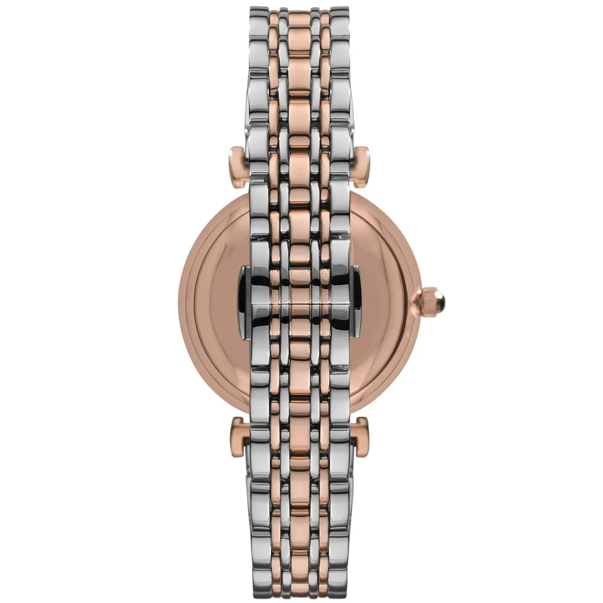 Detailed view of the mixed silver and rose gold stainless steel link bracelet for AR1725