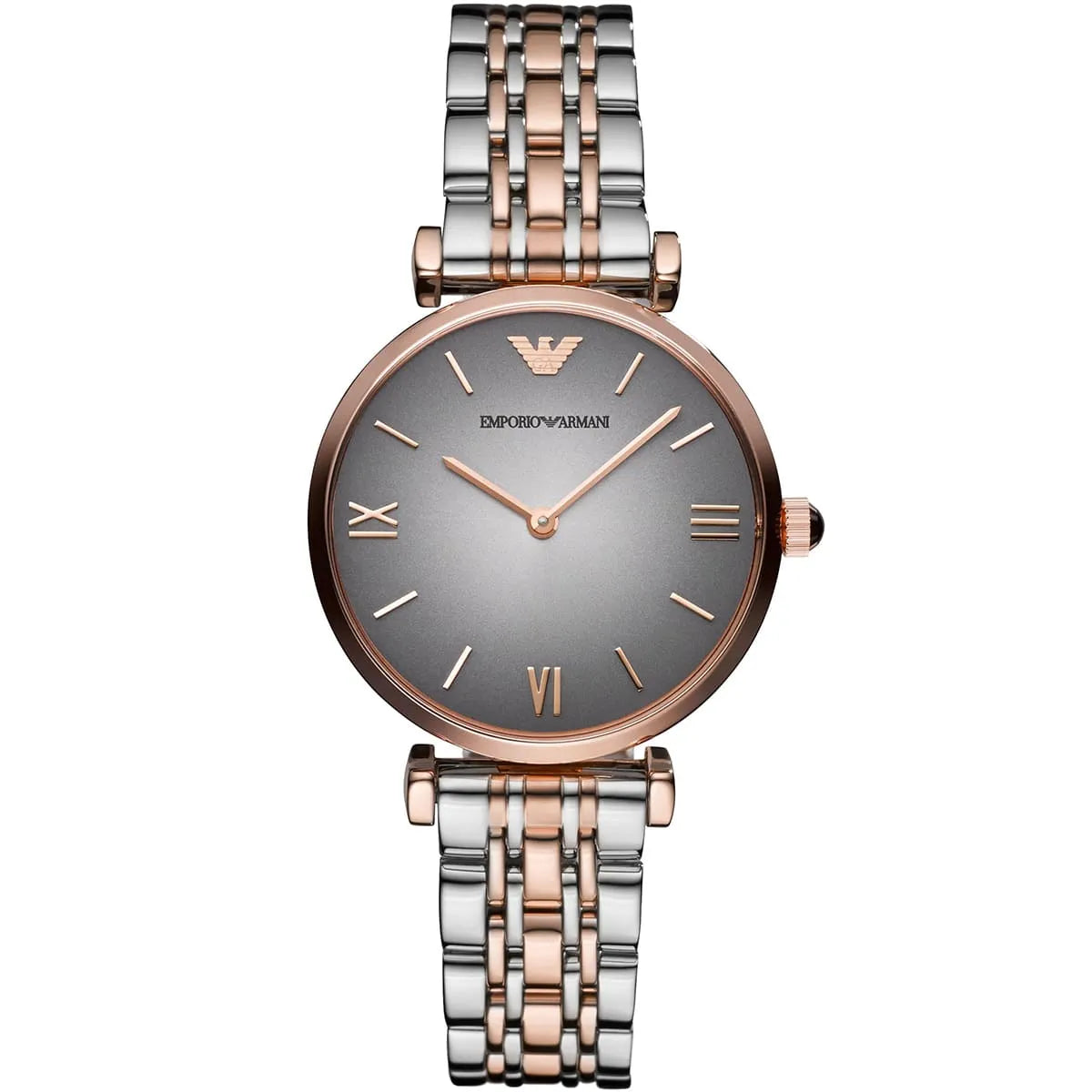 Emporio Armani Gianni T-Bar AR1725 women's two-tone silver and rose gold watch with grey dia